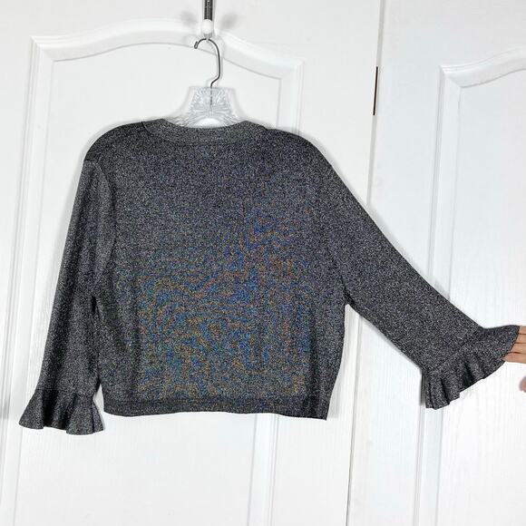 NWOT NINA LEONARD Cardigan XL Silver Black Sparkle Open Flared-Long-Sleeve - Picture 2 of 8